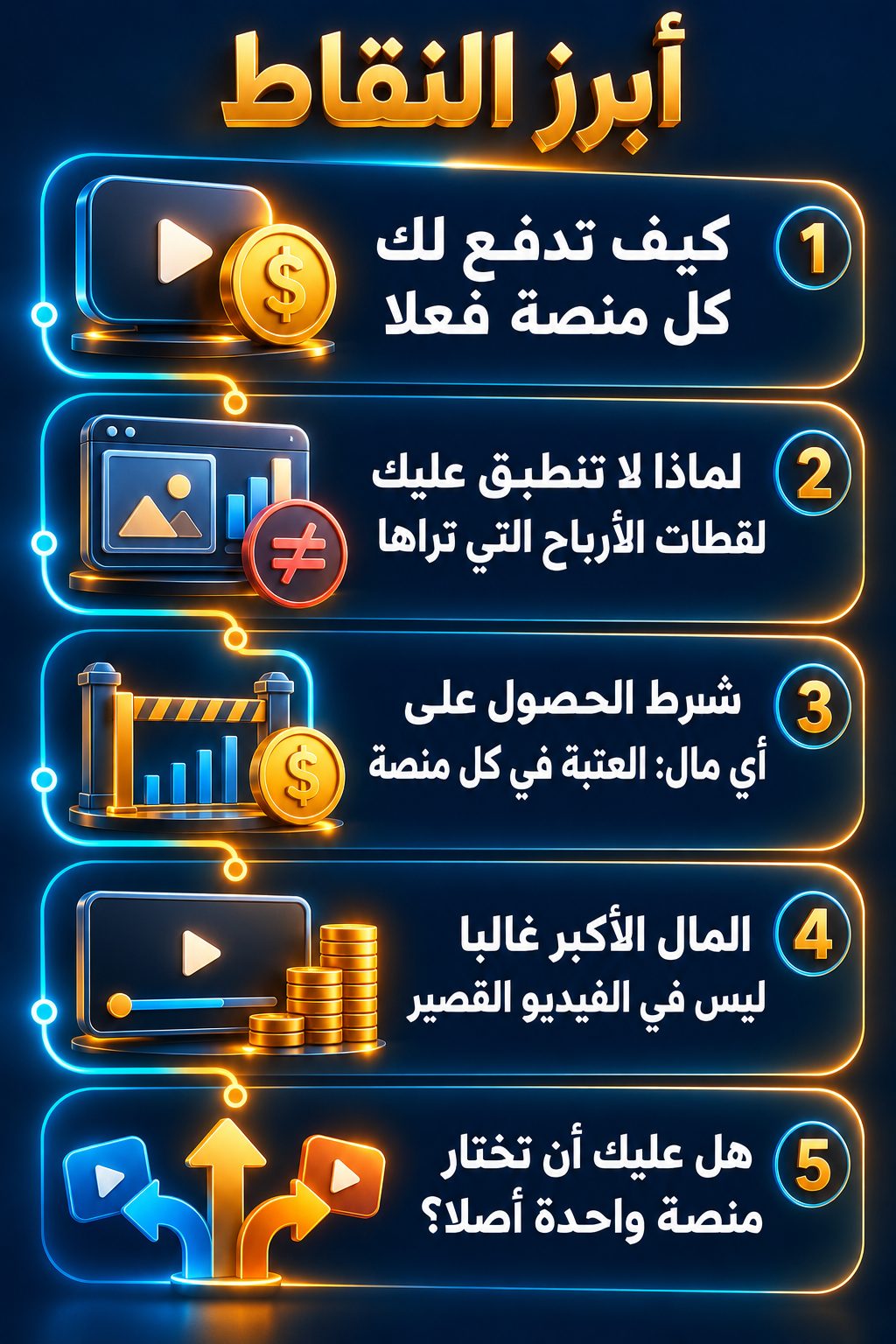 أبرز النقاط: كيف تدفع لك كل منصة فعلا; لماذا لا تنطبق عليك صور الأرباح التي تراها; شرط الحصول على أي مال: الحد الأدنى في كل منصة; المال الأكبر غالبا ليس في الفيديو القصير; هل عليك أن تختار منصة واحدة أصلا؟
