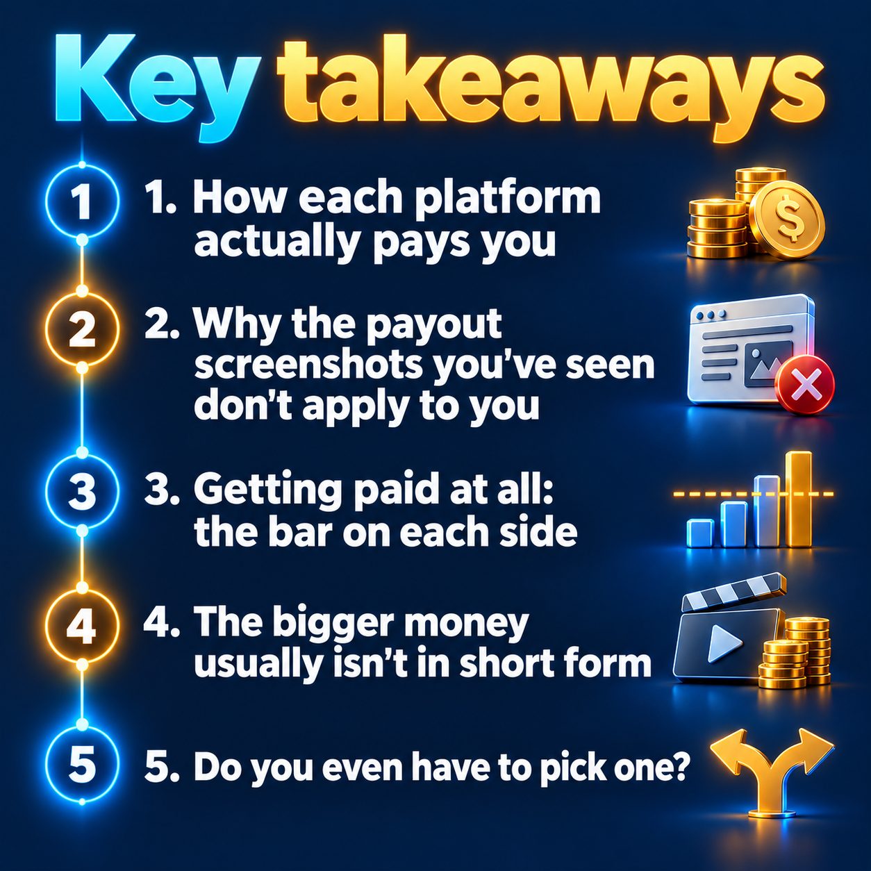 Key takeaways: How each platform actually pays you; Why the payout screenshots you've seen don't apply to you; Getting paid at all: the bar on each side; The bigger money usually isn't in short form; Do you even have to pick one?