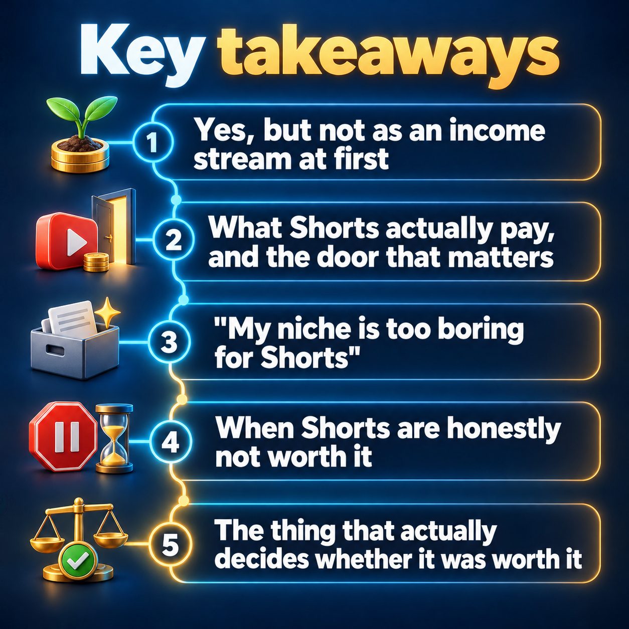 Key takeaways: Yes, but not as an income stream at first; What Shorts actually pay, and the door that matters; "My niche is too boring for Shorts"; When Shorts are honestly not worth it; The thing that actually decides whether it was worth it